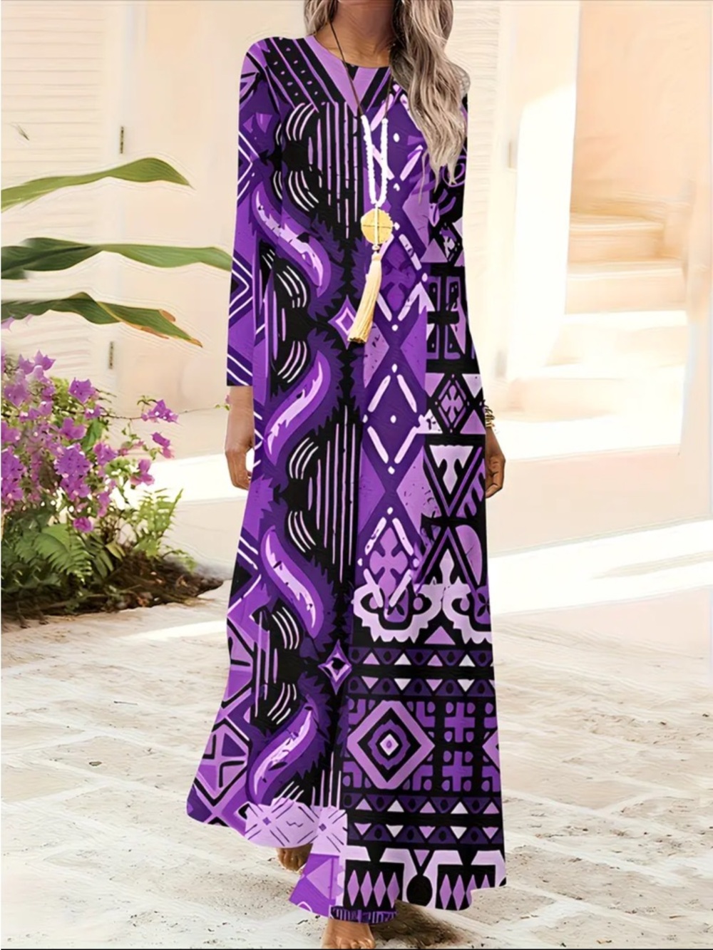 Purple Geometric Long Sleeve Maxi Dress - Picture 2 of 2